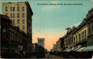 San Jose (California), First Street, looking North, tram, shops. Glosso Series (EK)