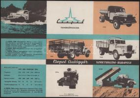 cca 1965 Csepel Autógyár Szigethalom-Budapest tehergépkocsik és alvázak képes, kétoldalas reklámlapja műszaki adatokkal, szép állapotban, 21×30 cm
