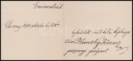 1901 Horkai báró Horeczky Ferenc (1819-1904) pozsonyi (Felvidék) prépost-kanonok saját kézzel aláírt...