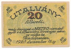 1920. Budapest 20f utalvány "Metro Vízmérőgyár Rt." T:XF egyhajtásos, hátoldalán ragasztó, pici beszakadás Adamo BUC-175.2