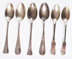 6 darab ezüst (Ag) teás kanál, Pest, Bécs 1872-1922/37 közötti fémjelek, 800 ezrelékes ezüst, nettó 148g