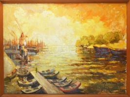 Olvashatatlan jelzéssel: Vízparti fények. Olaj, farost. Fakeretben. 62x82 cm.