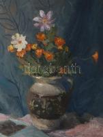 Olvashatatlan jelzéssel (a hátoldalán), magyar festő, XX. sz. közepe: Csendélet. Olaj, vászon. Apró ...