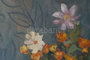 Olvashatatlan jelzéssel (a hátoldalán), magyar festő, XX. sz. közepe: Csendélet. Olaj, vászon. Apró ...