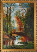 Jelzés nélkül, XX. sz. közepe: Vízparti táj. Olaj, farost. Dekoratív fakeretben. 66x45 cm.