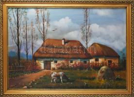 Jelzés nélkül, XX. sz. vége: Tanya. Olaj, farost. Dekoratív fakeretben. 45x66 cm.