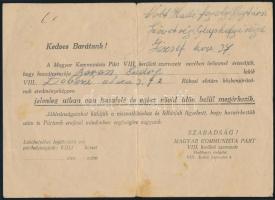 1946 A Magyar Kommunista Párt kitöltött értesítője hadifogoly hozzátartozó részére arról, hogy Rákosi elvtárs közbenjárásával rokona hamarosan hazatér