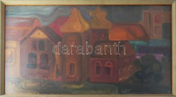Olvashatatlan jelzéssel (a hátoldalán): Színes házak. Olaj, farost, üvegezett fakeretben, 44x78,5 cm