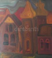 Olvashatatlan jelzéssel (a hátoldalán): Színes házak. Olaj, farost, üvegezett fakeretben, 44x78,5 cm