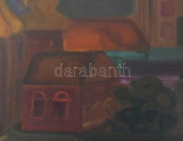 Olvashatatlan jelzéssel (a hátoldalán): Színes házak. Olaj, farost, üvegezett fakeretben, 44x78,5 cm