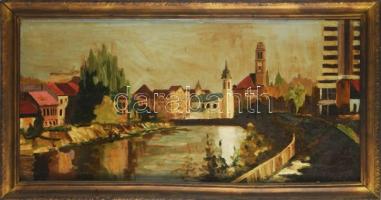 Olvashatatlan jelzéssel, XX. sz. vége: Nagyvárad látképe. Olaj, fa, dekoratív fakeretben, 31x64 cm