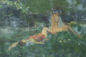 Burghardt Rezső (1884-1963): Lányok a mezőn. Olaj, vászon, jelezve jobbra lent. Üvegezett, sérült fa...