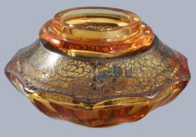 cca 1930 Art deco üveg bonbonier ezüst (Ag) rárakással, terv.: Alexander Pfohl. Hiánnyal, fogója letört, d: 15 cm