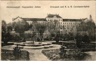 1917 Nagyszeben, Hermannstadt, Sibiu; Erlenpark und k.u.k. Garnisons-Spital / Cs. és kir. helyőrségi kórház, park. F. Stoiber kiadása / K.u.K. military garrison hospital, park (EK)