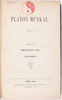 Platón munkái. I. kötet. (Második füzet). Fordította Hunfalvy Pál. Hellén és Római Remekírók. Bp.,1854, Emich Gusztáv, 4+IV+4+211-578+2 p. Unicus! Több kötet nem jelent meg. Feltehetőleg az első magyar fordítás. Átkötött egészvászon-kötés, a címlapon rajzzal és bejegyzéssel, 4 lapot körbevágtak (485-492), egy lap szélén kisebb, szöveget nem érintő hiánnyal (573/574), és az utolsó lapon szakadással.