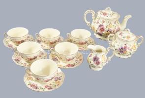 Zsolnay pillangó mintás teás készlet süteményes tányérokkal. Jelzett, teljes, hibátlan (mázrepedéssel).