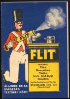 cca 1930 Flit amerikai rovarirtó rajzokkal illusztrált dekoratív háromrészes kihajtható reklámja magyar nyelven, egri forgalmazó pecsétjével, szép állapotban