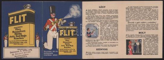 cca 1930 Flit amerikai rovarirtó rajzokkal illusztrált dekoratív háromrészes kihajtható reklámja mag...