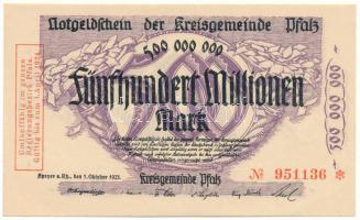 Német Birodalom / Weimari Köztársaság / Pfalz 1923. 500.000.000M szükségpénz vízjeles papíron, "951136" T:UNC,AU  German Empire / Weimar Republic / Pfalz 1923. 500.000.000 Mark necessity note on watermarked paper, "951136" C:UNC,AU