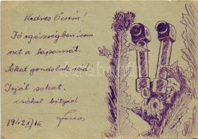 1942 Második világháborús tábori postai levelezőlap, a feladó saját kezű grafikájával, távcső, peris...
