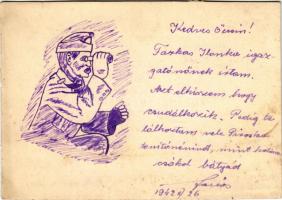 1942 Második világháborús tábori postai levelezőlap, a feladó saját kezű grafikájával, távcső / WWII Hungarian military field postcard, hand-drawn graphic art, telescope + "Tábori postahivatal 29" (vágott / cut)