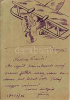 1942 Második világháborús tábori postai levelezőlap, a feladó saját kezű grafikájával / WWII Hungarian military field postcard, hand-drawn graphic art + "Tábori postahivatal 29" (EK)