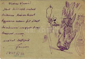 1942 Második világháborús tábori postai levelezőlap, a feladó saját kezű grafikájával / WWII Hungarian military field postcard, hand-drawn graphic art + "Tábori postahivatal 29" (EK)