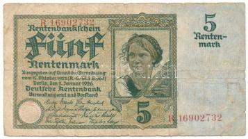 Németország / Weimari Köztársaság 1926. 5M "R 16902732" T:F Germany / Weimar Republic 1926. 5 Rentenmark "R 16902732" C:F Krause 169.