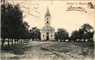 1913 Almás, Aljmas, Apfeldorf (Erdőd, Erdut); templom. Selzer és Rank kiadása / street view, church ...
