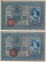1902. 1000K (2x) viszonylag közeli sorszámok "1639 88433 és 1639 88444" piros "MAGYARORSZÁG" felülbélyegzéssel T:F szép papír Adamo K35B