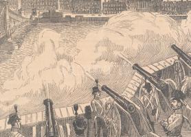 1889 Hentzi felgyújtja Pestet az 1848-as szabadságharc csatájának fametszetű ábrázolás a Budapest c,...