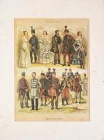 Magyar viselet 1825-1849-ből. Reformkori öltözeteket bemutató litográfia. 22x28 cm Paszpartuban