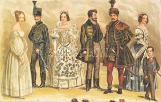 Magyar viselet 1825-1849-ből. Reformkori öltözeteket bemutató litográfia. 22x28 cm Paszpartuban