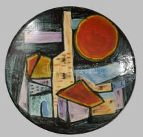 Györgyei Zsuzsa: Városrészlet. Retro mázas kerámia dísztál. Jelzés nélkül, hibátlan, d: 28,5 cm