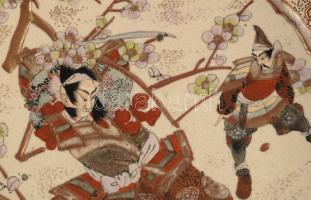 cca 1860-1880 Satsuma szamuráj mintás dísztányér. Japán, Meidzsi-kor, jó állapotban, d:31 cm