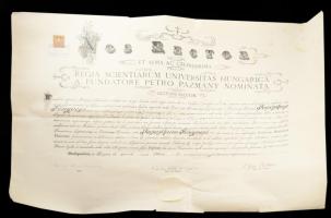 1929 Bp., a Pázmány Péter Tudományegyetem által kiállított orvosdoktori diploma Fenyvesi József (1904-1985) későbbi főorvos, kórházigazgató, a Központi Állami Kórház igazgatója részére, rajta Wolkenberg Alajos (1871-1935) hittudós, egyetemi tanár, rektor, illetve csurgói báró Kétly László (1873-1936) orvos, dékán aláírásával, 80f okmánybélyeggel, papírfelzetes pecséttel. Kissé foltos, feltekerve, 53,5x76 cm