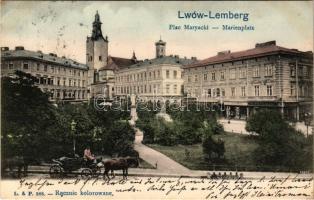 1903 Lviv, Lwów, Lemberg; Plac Maryacki / Marienplatz / square, horse-drawn carriage, shops of K. Frydman, M. Jakubowski (fl)