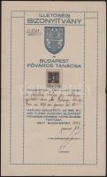 1922 Budapest Főváros Tanácsa által kiállított illetőségi bizonyítvány Schulhof Miksa (1870-1945) izraelita vallású orvos részére, 10K okmánybélyeggel, szárazbélyegzővel, 33x20 cm