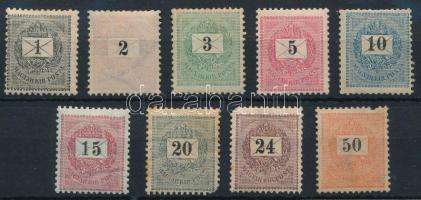 1898 9 db krajcáros bélyeg vegyes minőségben, 10kr és 50kr újragumizva / regummed (min 38.000) (mixed quality)