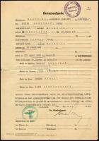 1939 Rechnitz (Rohonc), Schulhof Mór és Frankl Jozefin izraelita házaspár (Schulhof Miksa (1870-1945) orvos szülei) házassági anyakönyvi kivonatának másolata, német birodalmi bélyegzéssel, kis sérülésekkel