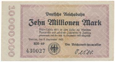 Német Birodalom / Weimari Köztársaság / Német Birodalmi Vasút 1923. 10.000.000M "RH-49 430027" T:F szép papír  German Empire / Weimar Republic / Deutsche Reichsbahn 1923. 10.000.000M "RH-49 430027" C:F fine paper