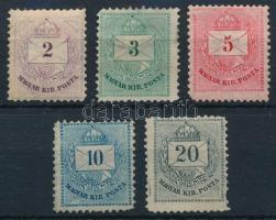 1881 5 db bélyeg harmadosztályú minőségben, 10kr és 20kr újragumizva / regummed (mixed quality)