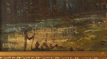 Olvashatatlan jelzéssel: Járókelők. Olaj, vászon. Dekoratív, kissé sérült fakeretben. 31×41 cm