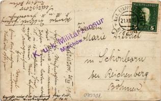 1915 Linien-Kdtr. Lodz / WWI K.u.K. soldiers in front of a Prussian steam locomotive operating on th...