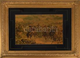 cca 1910 A brit katonákat bekerítik a búr háborúban, litográfia, papír, jelzés nélkül, paszpartuban, üvegezett fa keretben, kissé sérült kerettel, 26,5x36,5 cm, keret: 50x62 cm /   cca 1910 The British soldiers are surrounded in the Boer War, litography, paper, without sign, in paspartu, in wooden frame, with a little bit damaged frame, 26,5x36,5 cm, frame: 50x62 cm