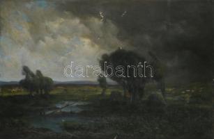 Hegedűs István jelzéssel, XIX. sz. vége: Emberek a viharos tájban. Olaj, vászon. Sérült. Dekoratív, antik, sérült fakeretben. 28,5×41,5 cm