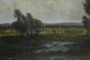 Hegedűs István jelzéssel, XIX. sz. vége: Emberek a viharos tájban. Olaj, vászon. Sérült. Dekoratív, ...