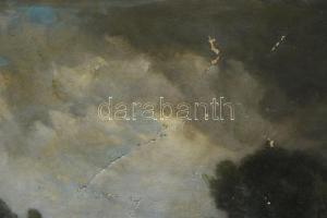 Hegedűs István jelzéssel, XIX. sz. vége: Emberek a viharos tájban. Olaj, vászon. Sérült. Dekoratív, ...
