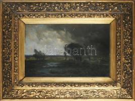 Hegedűs István jelzéssel, XIX. sz. vége: Emberek a viharos tájban. Olaj, vászon. Sérült. Dekoratív, ...