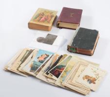 Vegyes vallási tétel: szentképek + 3 db imakönyv + 2 db fém érem/plakett